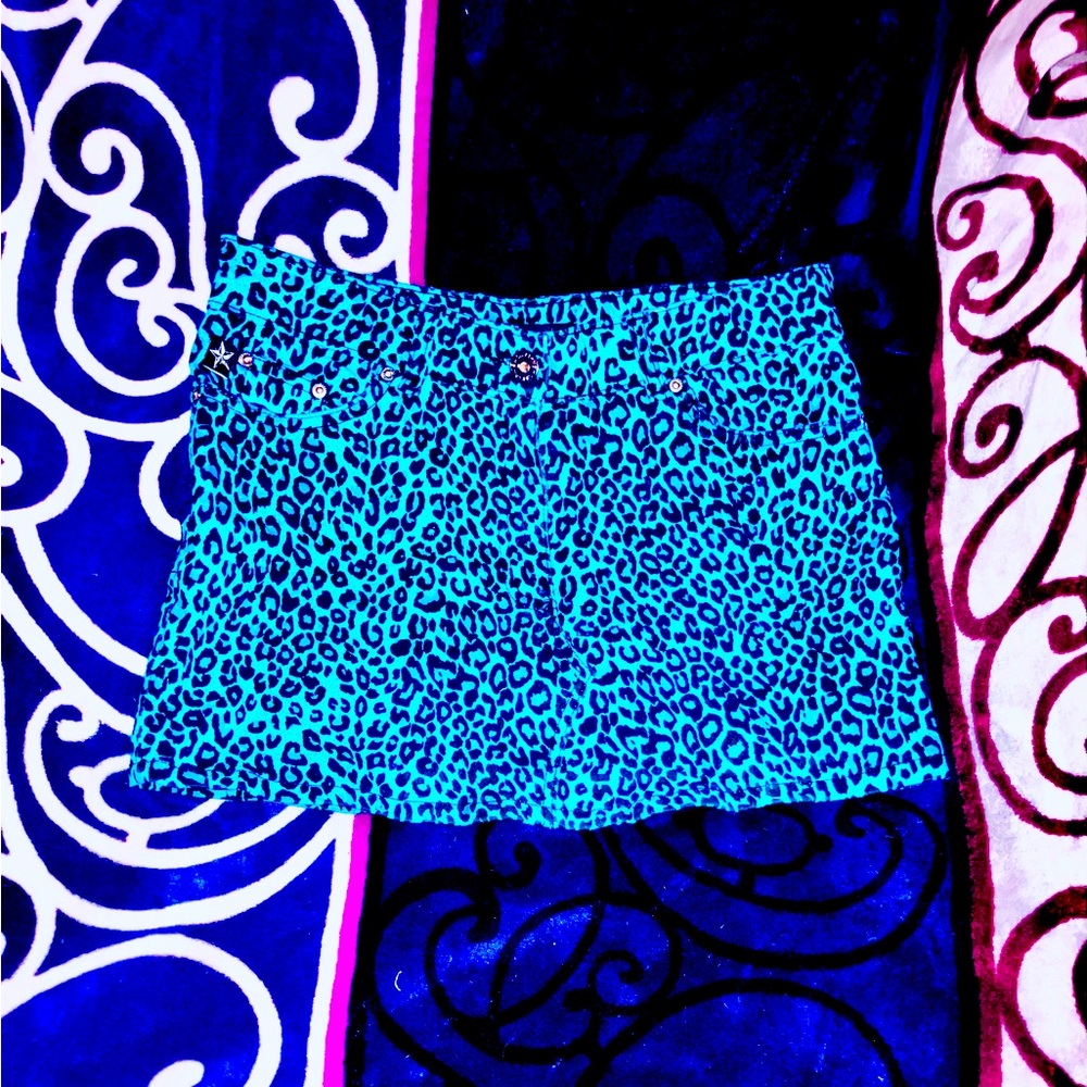 Darkside 💀 turquoise leopard print denim miniskirt w/silver skull rivets